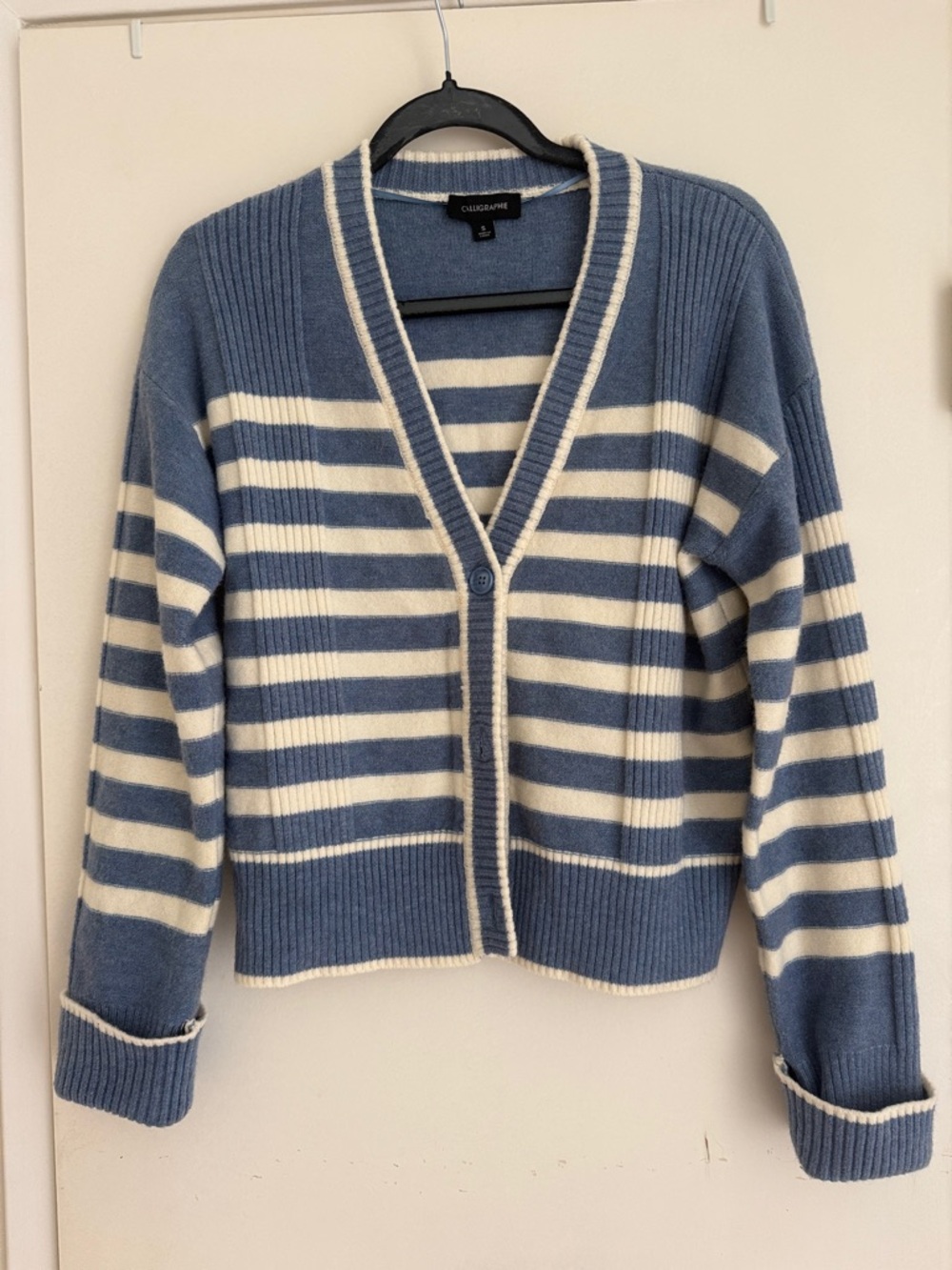 Calligraphie Blue and White Striped V-Neck Button Cardigan size S